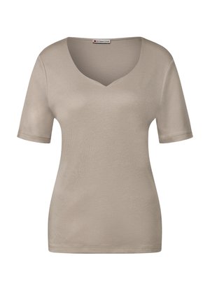 Beige T-shirt med V-hals och korta ärmar, tillverkad av mjukt tyg. Har en enkel design, slät textur och en figurnära silhuett.