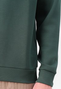 Sweatshirt verde com mangas longas, punhos canelados e uma textura suave. A bainha inferior tem uma costura plana para um acabamento limpo.