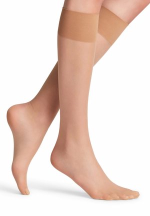 Beige, transparente überkniehohe Strümpfe mit glatter Textur, abwechselnd gerippten und elastischen Bändern am oberen Rand sowie offener Zehenpartie.