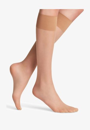 Beige, transparente überkniehohe Strümpfe mit glatter Textur, abwechselnd gerippten und elastischen Bändern am oberen Rand sowie offener Zehenpartie.