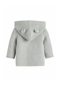 Gray knitted hoodie with a textured pattern, featuring a large hood and round ear-like accents on the back, long sleeves, and a straight cut.