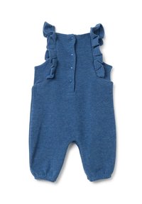 Blauwe gebreide romper met gerimpelde bandjes, knoopsluiting en omgeslagen pijpen. Zachte, gestructureerde stof in een effen kleur. Casual, comfortabele uitstraling.