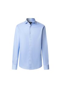Camicia azzurro chiaro con maniche lunghe; presenta un sottile motivo a rete, colletto classico e bottoni bianchi sul passante anteriore.