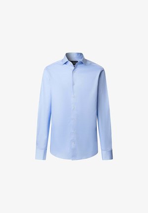 Lichtblauw overhemd met lange mouwen; heeft een subtiel gridpatroon, klassieke kraag en witte knopen op de voorkant.