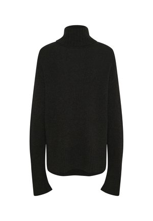 Black turtleneck sweater in a soft, textured knit. Features loose fit, long sleeves, and a ribbed hem. No visible embellishments.