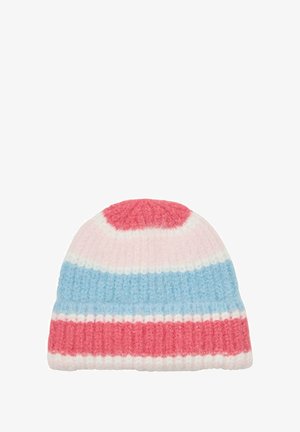Gebreide beanie met afwisselende strepen in roze, wit en blauw. Heeft een geribbelde textuur en een gladde roze bovenkant.