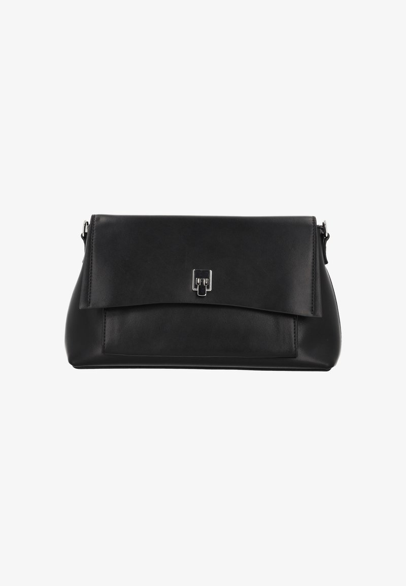 Fekete bőrből készült női kézitáska, amelynek fedélzárója van, téglalap alakú, sima felületű, elülső részén ezüstszínű fémcsattal.