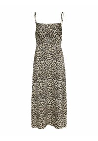 Leopardmönstrad midiklänning med tunna axelband, som har en slät och mjuk textur samt en något figurnära bodice som fläktar ut.