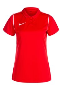 Polo rosso realizzato in tessuto traspirante. Caratterizzato da un colletto con tre bottoni, maniche corte e bordo bianco lungo le spalle. Logo Nike presente.