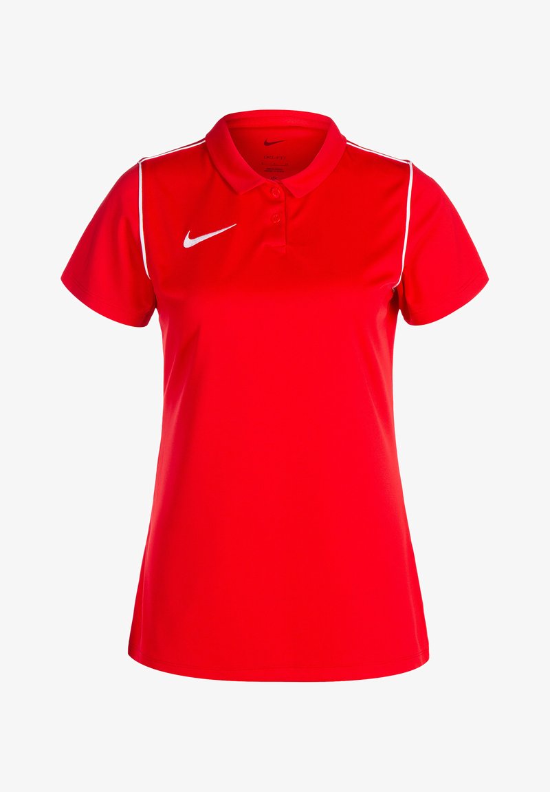 Rotes Polohemd aus atmungsaktiver Baumwolle. Verfügt über eine Drei-Knopf-Leiste, kurze Ärmel und weiße Paspeln an den Schultern. Nike-Logo vorhanden.