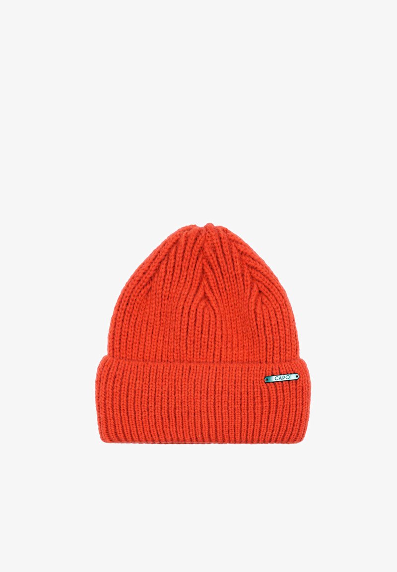 Bright orange knitted beanie with folded brim and small metal tag labeled "CAPO" on the side.