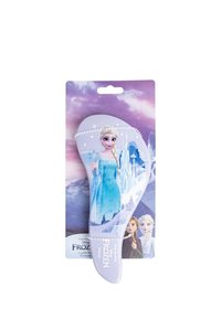 Bevroren-thema haarborstel in paarse plastic, met een illustratie van Elsa in een blauwe jurk, met sneeuwvlokken en een kasteelontwerp.