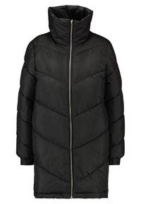 Svart puffjacka med hög krage, dragkedjestängning och chevron-quiltat mönster. Har långa ärmar och en design som slutar vid mitten av låret.