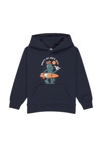 Sudadera azul marino con bolsillo frontal, que presenta un cactus de dibujos animados sosteniendo una tabla de surf naranja y el texto "¡A surfear! ¡El sol brilla!"