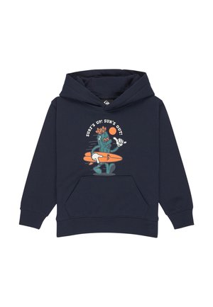 Hoodie bleu marine avec poche avant, présentant un cactus cartoon tenant une planche de surf orange et le texte "À vos planches ! Au soleil !"