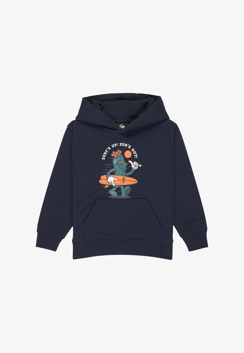 Granatowa bluza z kapturem z przednią kieszenią, z rysunkiem kartonowego kaktusa trzymającego pomarańczową deskę surfingową i napisem "Surf's up! Sun's out!"