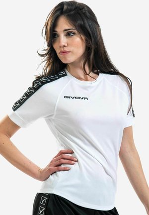 Maglietta sportiva bianca con un design a trama nera sulle spalle, maniche corte e una forma aderente. Logo GIVOVA sul davanti.
