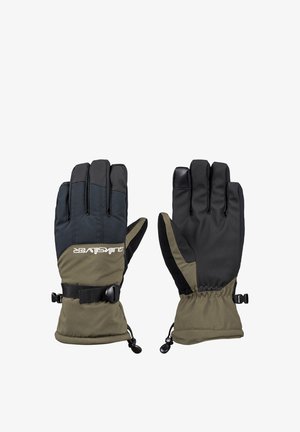 Wetterfeste Handschuhe mit einem schwarzen und olivgrünen Design, strukturiertem Stoff, verstellbaren Handgelenkriemen und verstärkten Fingerspitzen.