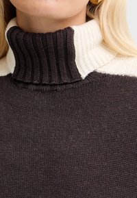 Donna che indossa un maglione a collo alto a coste bicolore marrone e bianco, con i capelli biondi visibili sulla spalla.