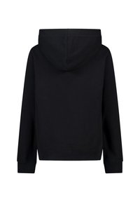 Felpa nera con cappuccio e maniche lunghe. Presenta un design semplice, orlo e polsini a coste, e una texture del tessuto morbida. Solo vista posteriore.