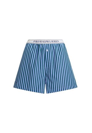 Blauwe en groene gestreepte shorts met een elastische tailleband met het label "POLO RALPH LAUREN," met een knoopsluiting en een zachte stof.