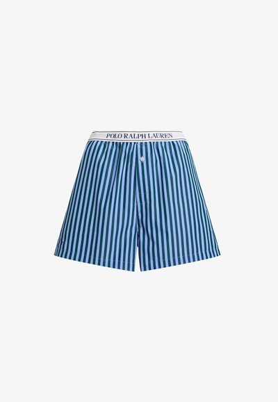 Blå och gröna randiga shorts med en elastisk midja märkt "POLO RALPH LAUREN," med knappstängning och mjuk tygstruktur.