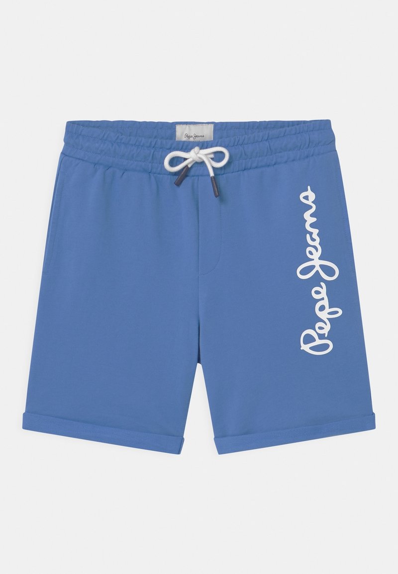 Modré sportovní šortky s elastickým pasem, bílým šňůrkou a logem Pepe Jeans v kurzivě na levé straně. Hladká textura látky.