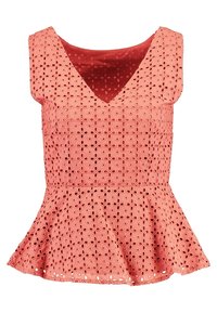 Haut péplum corail avec un décolleté en V et un motif à découpe circulaire. Comprend des manches courtes et un tissu texturé avec une doublure unie.