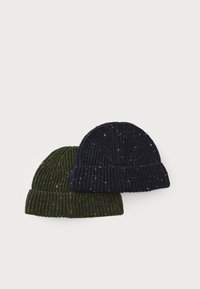 Two knit beanie hats: one dark green with multicolored specks and one navy blue, both featuring a ribbed texture and rolled brim.