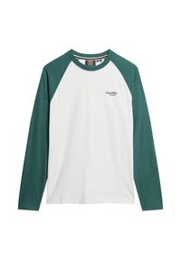 Koszulka z długim rękawem o białym korpusie i ciemnozielonymi rękawami raglanowymi. Posiada okrągły dekolt i małe logo "SuperDry Athletics" na klatce piersiowej.