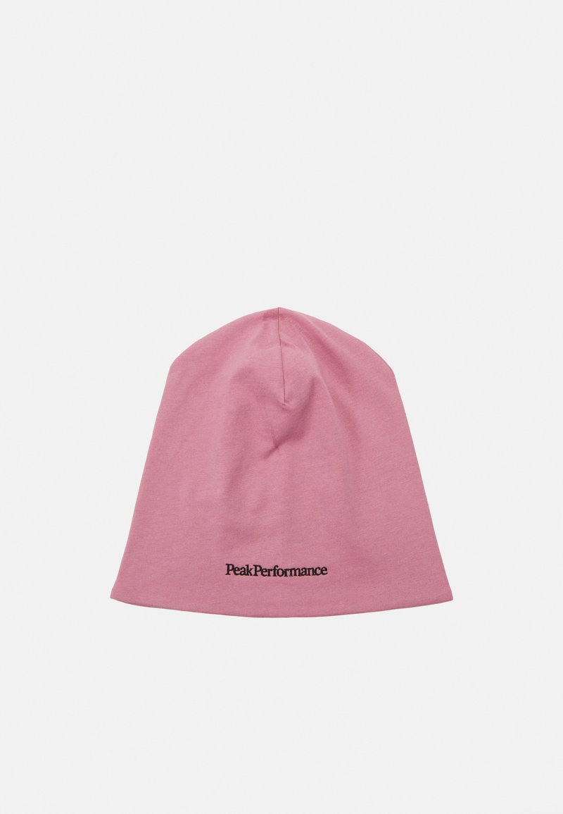 Pink beanie made of soft fabric featuring a smooth texture, form-fitting design, and a black "PeakPerformance" logo embroidered on the front.