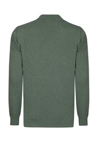 Groene gebreide trui met een textuurkragen, lange mouwen en ribbels aan de onderrand, met een zachte stofafwerking en een eenvoudig, strak ontwerp.