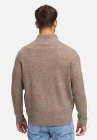 Brun stickad tröja med hög krage, mjuk textur och ribbade manschetter. Tycks ha en avslappnad passform, visad bakifrån.
