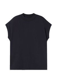 Schwarzes Baumwoll-T-Shirt mit kurzen, nach unten fallenden Ärmeln und Rundhalsausschnitt. Glatte Textur mit lockerem Schnitt und ohne sichtbare Muster.
