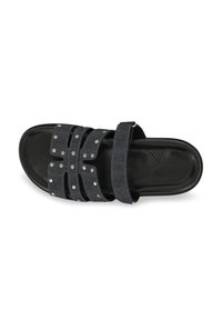 Denim slide sandal featuring multiple dark blue fabric straps with metallic studs and a black rubber sole, designed for comfort and durability.