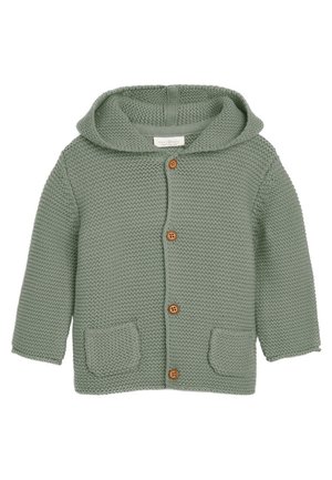 Cardigan bébé tricoté vert clair avec manches longues, capuche, boutons en bois à l'avant et deux poches frontales.