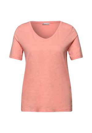 T-shirt pour femme à manches courtes, couleur pêche, avec un col rond, fabriqué en coton doux, présenté à plat sur un fond blanc.