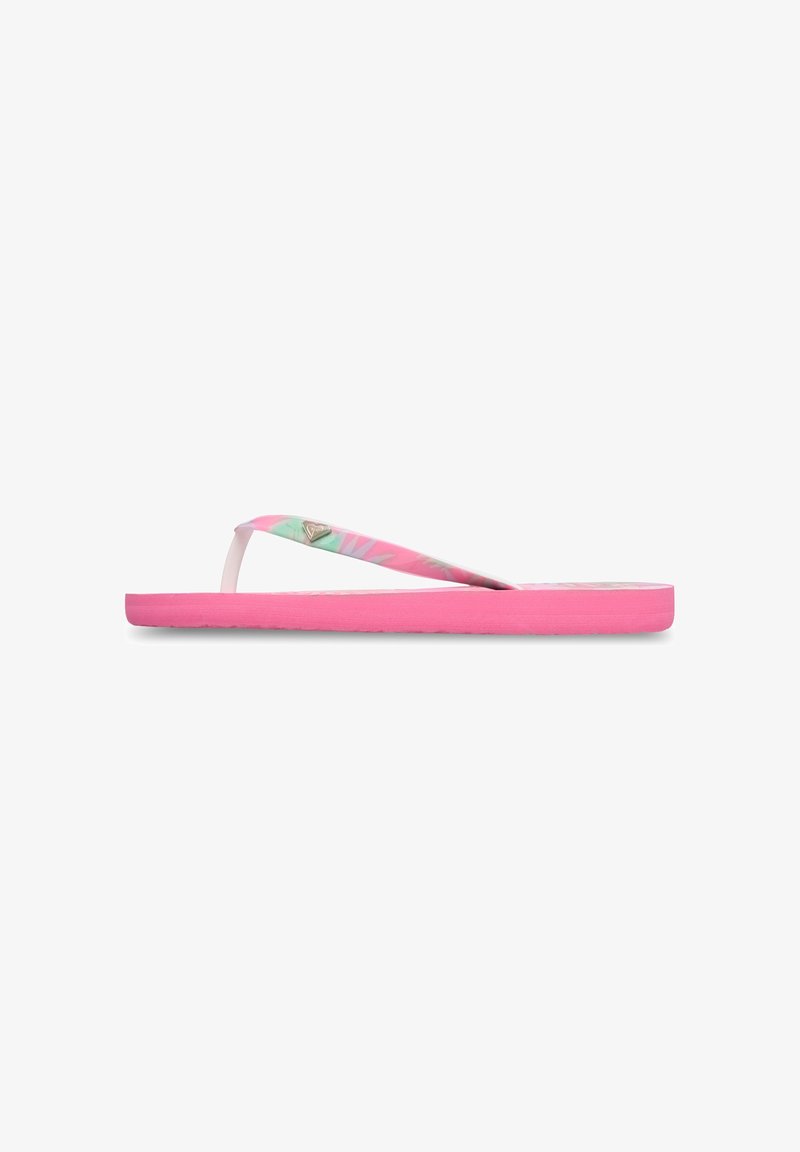 Tongs avec une semelle en caoutchouc rose et une bride à motif floral aux teintes roses et vertes. Comprend un petit logo sur la bride.