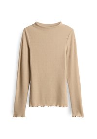 Beige, geripptes Langarmshirt mit rundem Halsausschnitt und Lattichsaumverzierung an den Bündchen und dem unteren Rand, auf weißem Hintergrund präsentiert.