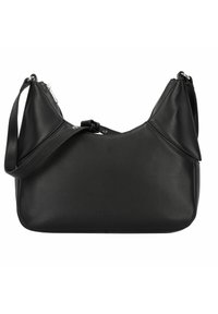 Borsa a spalla in pelle nera con una texture liscia, chiusura con zip e tracolla regolabile. Presenta un marchio discreto nella parte inferiore.