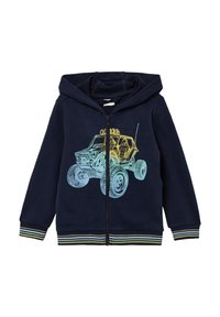 Marineblaues Hoodie aus Baumwolle, mit einem Frontreißverschluss, einem Fahrzeuggrafik in Blau und Gelb sowie gestreiften Rippbündchen und -saum.
