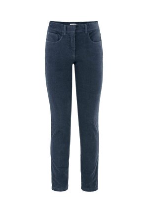 Navy corduroy broek met een slim fit, voorzien van een geribbelde structuur, vijf zakken en een ritssluiting. De tailleband zit op de natuurlijke taille.