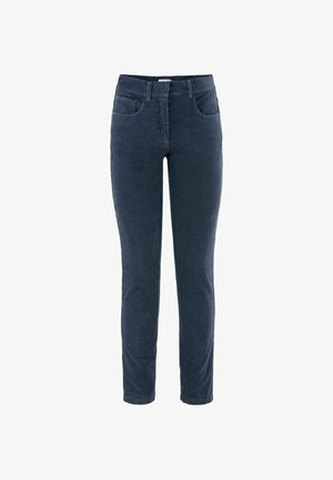 Marineblaue Cordhosen mit schmalem Schnitt, ausgestattet mit einem gerippten Texture, fünf Taschen und einem Reißverschluss. Der Bund sitzt auf der natürlichen Taille.