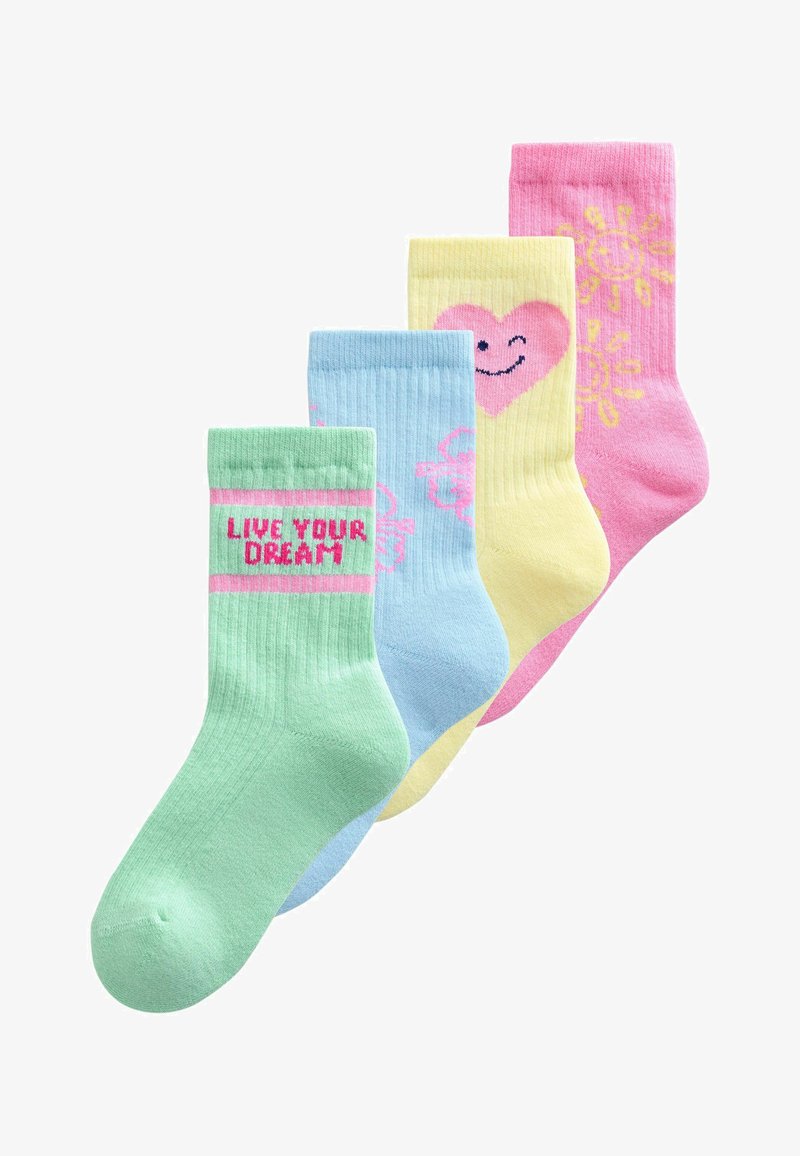Štiri pari rebrastih nogavic v pastelnih barvah: zelene z napisom "Živi svoj sanje", modre z nasmeškom, rumene s srcem in roza s soncem.