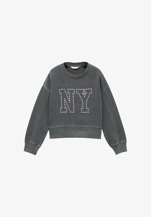 Grauer, kurz geschnittener Sweatshirt mit langen Ärmeln, der ein mit Nieten besetztes "NY"-Design auf der Vorderseite zeigt. Hergestellt aus weichem Material, mit einem klassischen Rundhalsausschnitt.