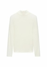 Langsleeve, hoge hals top in zachte witte stof met een gladde textuur en een minimalistisch ontwerp. Heeft een fitte silhoët en een rechte zoom.