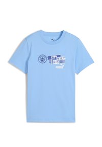 Gaiši zils kokvilnas T-krekls ar Mančestras City logo un tumši zilas krāsas grafiku "CITY TILL I DIE", kas savienota ar lentes. Īsas piedurknes.