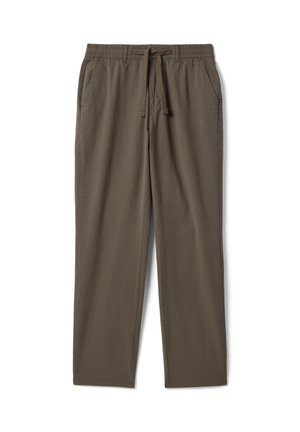 Pantaloni marroni con coulisse, tessuto strutturato, vita elastica e tasche laterali, taglio dritto, stesi su uno sfondo bianco.
