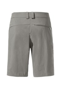 Pantalones cortos grises con una textura suave, que cuentan con trabillas para el cinturón, un bolsillo trasero con cremallera y un dobladillo limpio. Diseño simple y funcional.