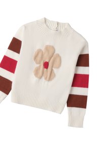 Pullover crema con un grande fiore beige al centro rosso. Maniche a righe marroni, rosse e bianche. Texture lavorata a maglia e colletto a costine.